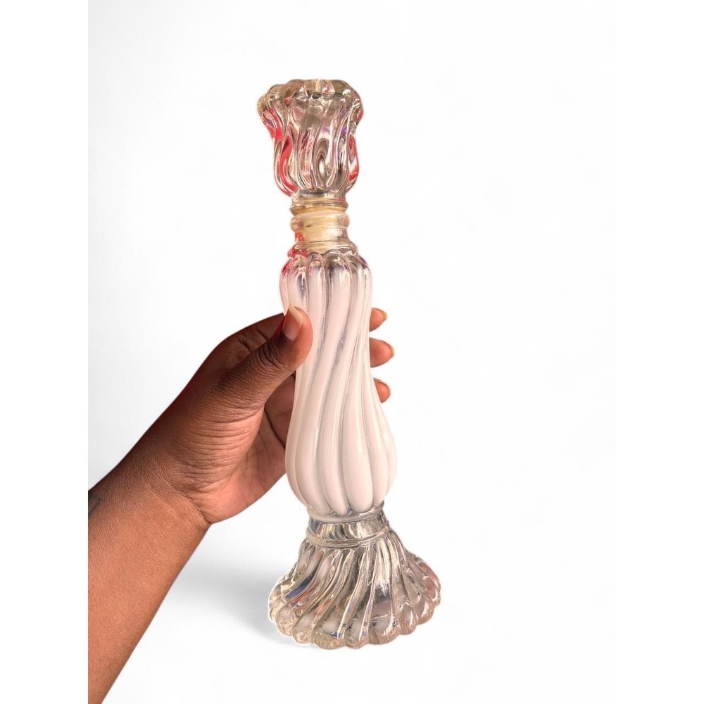 Candlestick Holder Vintage White Swirl Glass Ribbed Romantic Coquette Decor 10"